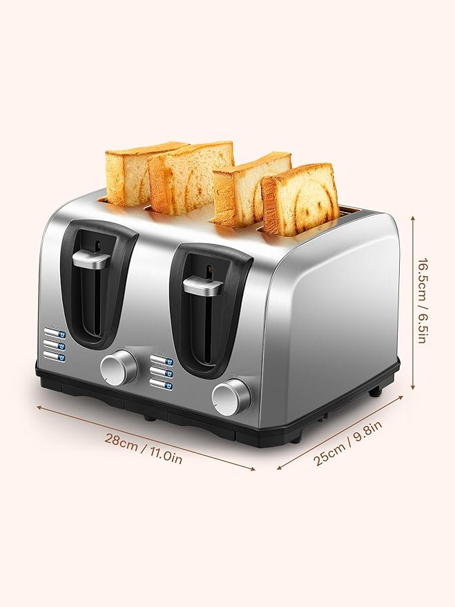 Yabano 4 Slice Toaster, Toaster with Extra Wide Slot and 7-Shade Settings, Defrost and Reheat Function, Make Toast with Smiley Faces, Stainless Steel