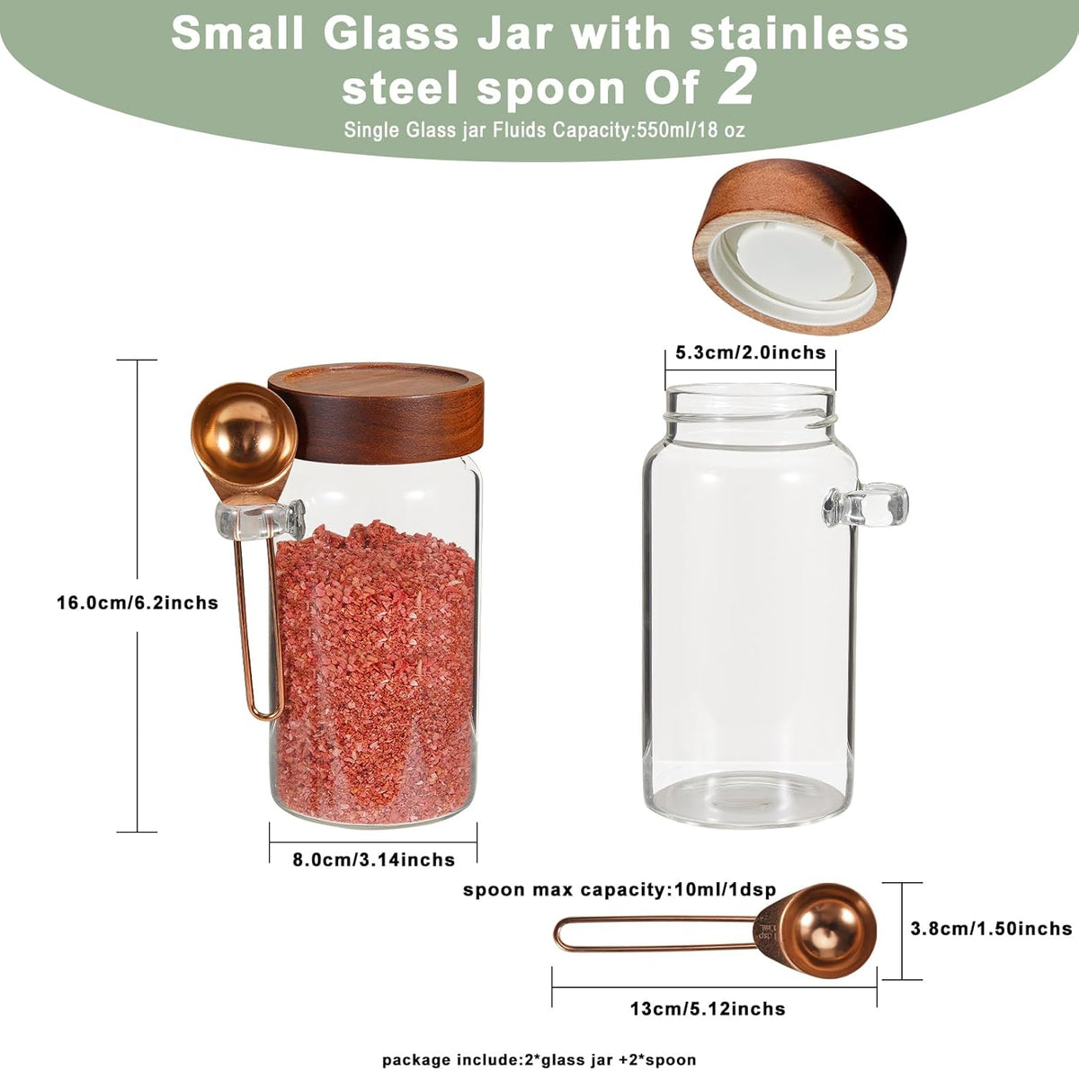 Glass Jars with Spoons Sugar Coffee Canister Round Glass Food Storage Jar for Spice Pantry Tea Coffee Bean Salt (2×550ml(18oz))