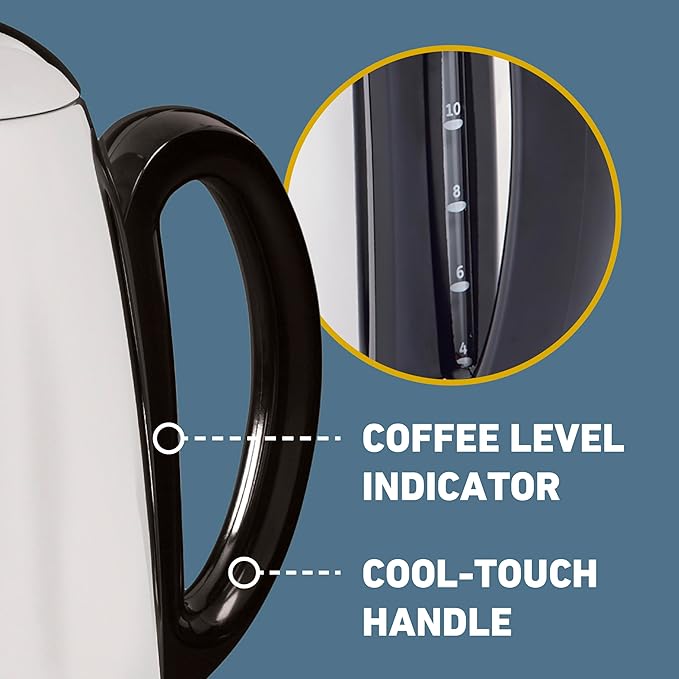 West Bend Electric Percolator Classic Style Coffee Maker with Heat Resistant Handle Base and Detachable Cord with Stainless Steel Stem and Basket, 12-Cup, Silver