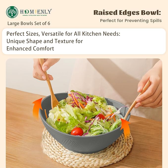 Homienly Wheat Straw Bowls, Large Salad Bowls Set of 6-60 OZ Serving Bowl for Kitchen, Camping, Party - Unbreakablke Microwave and Dishwasher Safe Big Cereal Bowl, Large Soup Bowl - Grey