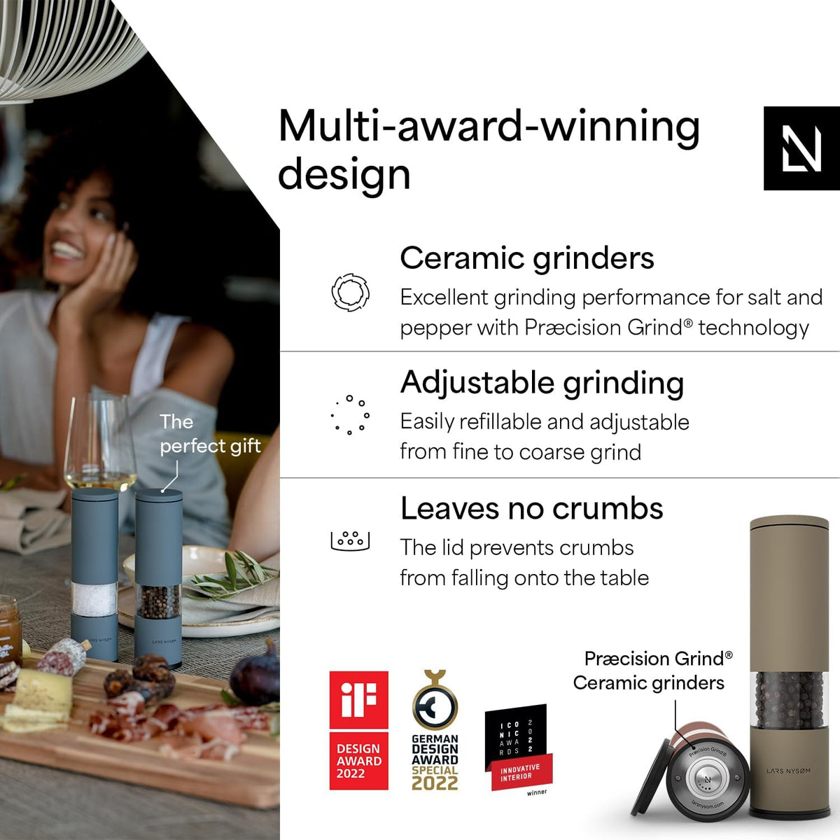 LARS NYSØM Salt and Pepper Grinder Set Manual, Stainless Steel Salt and Pepper Mills with Adjustable Ceramic Grinder I Design Spice Shakers (Red/Brown)