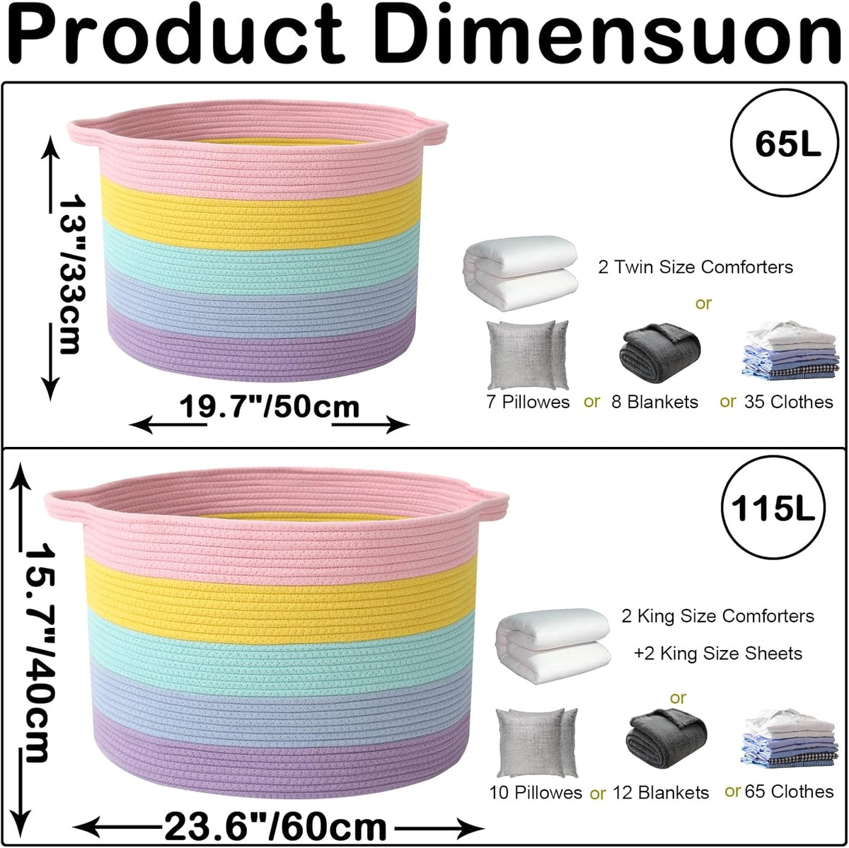 Large Blanket Basket for Organizing,115L Closet Organizers and Storage Bins Box for Shelves Woven Rope Storage Baskets,Living Room,Bedroom,Dorm,Laundry room (Colorful)