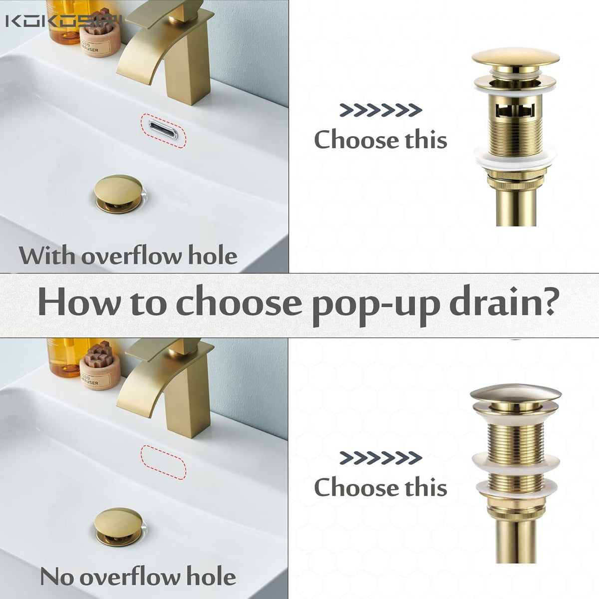 KOKOSIRI Bathroom Sink Drain with Detachable Hair Catcher, Brushed Gold Pop Up Sink Drain with Strainer Basket Anti Clogging for Vanity Vessel Sink with Overflow, C1001BG