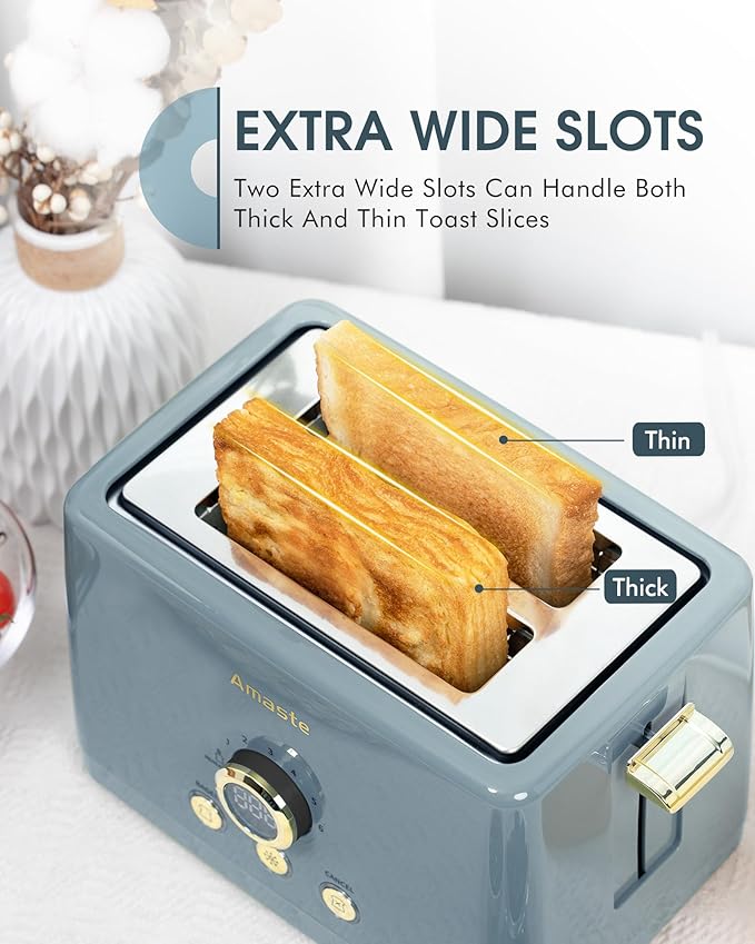 2 Slice Toaster, Retro Bread Toaster with LED Digital Countdown Timer, Extra Wide Slots Toasters with 6 Bread Shade Settings, Bagel, Defrost Function, High Lift Lever, Removal Crumb Tray, Ash Blue