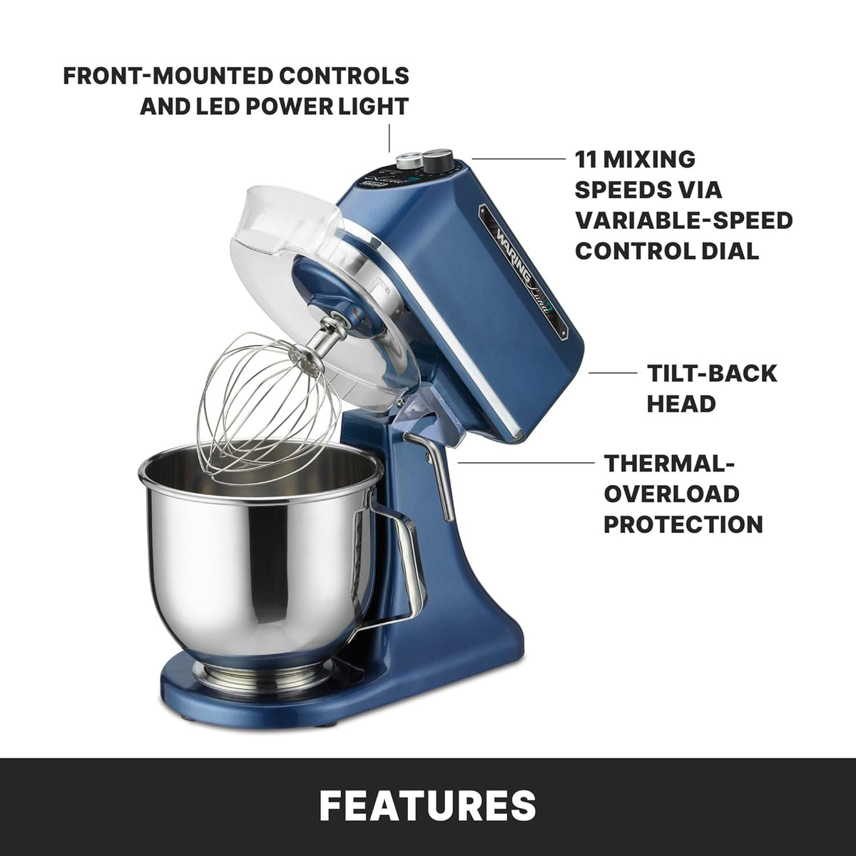 Waring Commercial Planetary 7 Quart Large Stand Mixer | Tilt Head | Countertop Chef Professional Restaurant Industrial Grade | Stainless Steel Bowl | Bakery Bread Dough | WSM7L | 1/2 HP 120V, Blue
