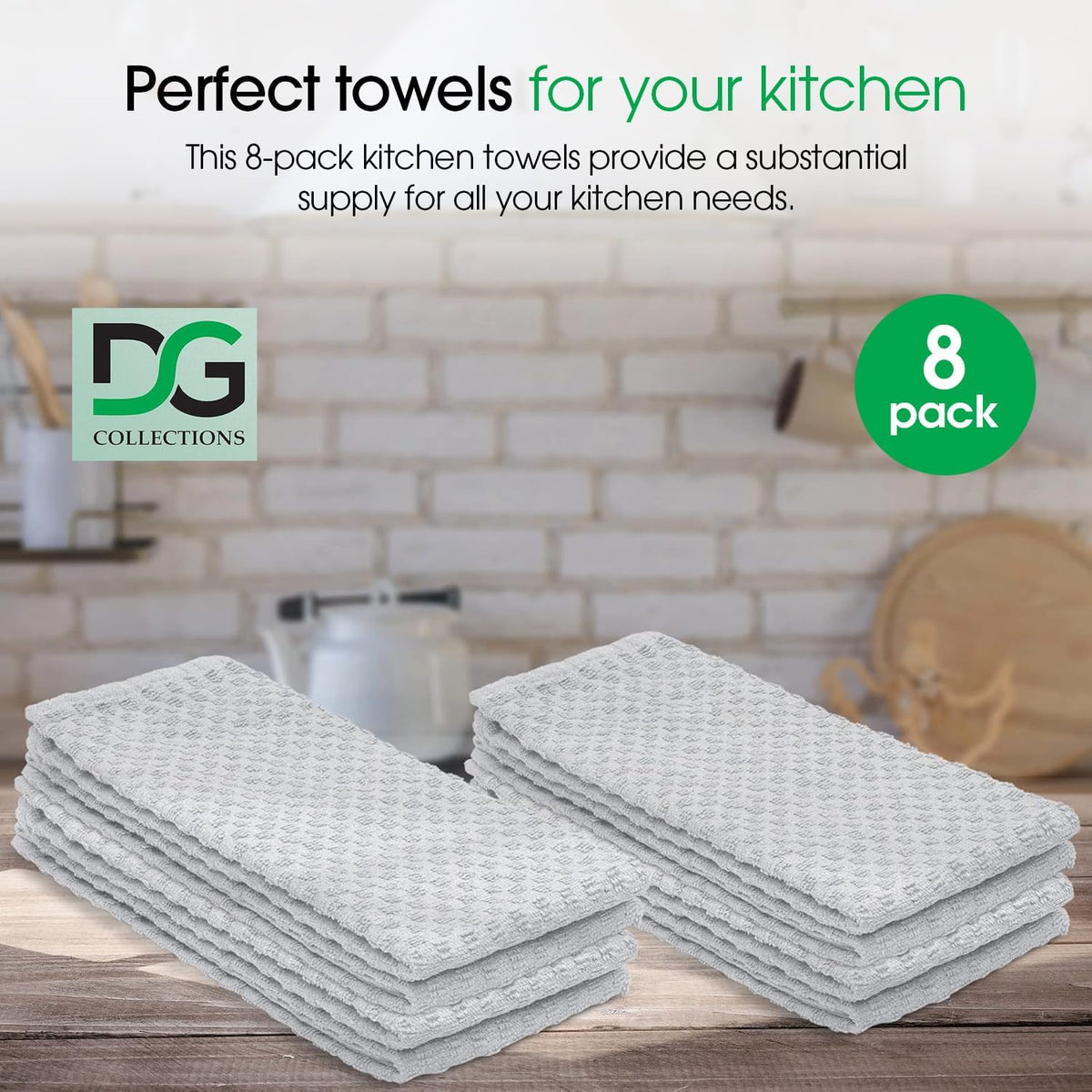 DG Collections Ash Grey Kitchen Towels - 100% Cotton Terry Tea Towels for Cleaning, Drying, and Highly Absorbent Kitchen Dish Cloth for Bar Cleaning - 8 Pack - 15 x 25 Inches