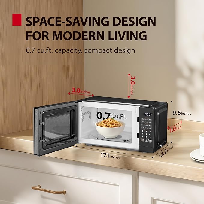 TOSHIBA Small Microwave Oven with 11 Power Levels, ChefDefrost, Sound On/Off & Eco Mode, 0.7 Cu Ft, 700W, Black, MM-EM07PA(BK)