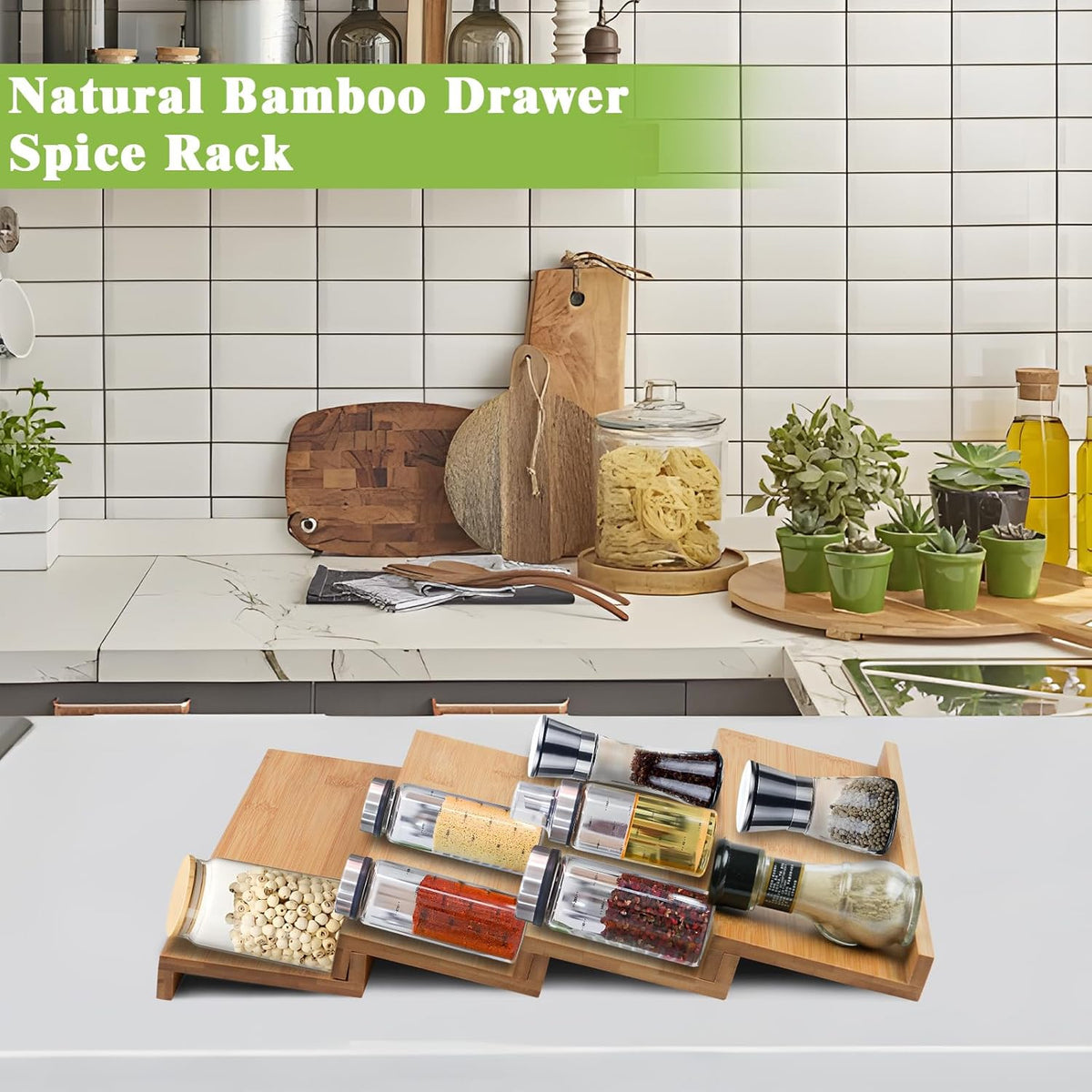 Bamboo Spice Drawer Organizer, 4 Tier Stackable Spice Rack for Cabinet, Seasoning Storage Organization，13'' Wide