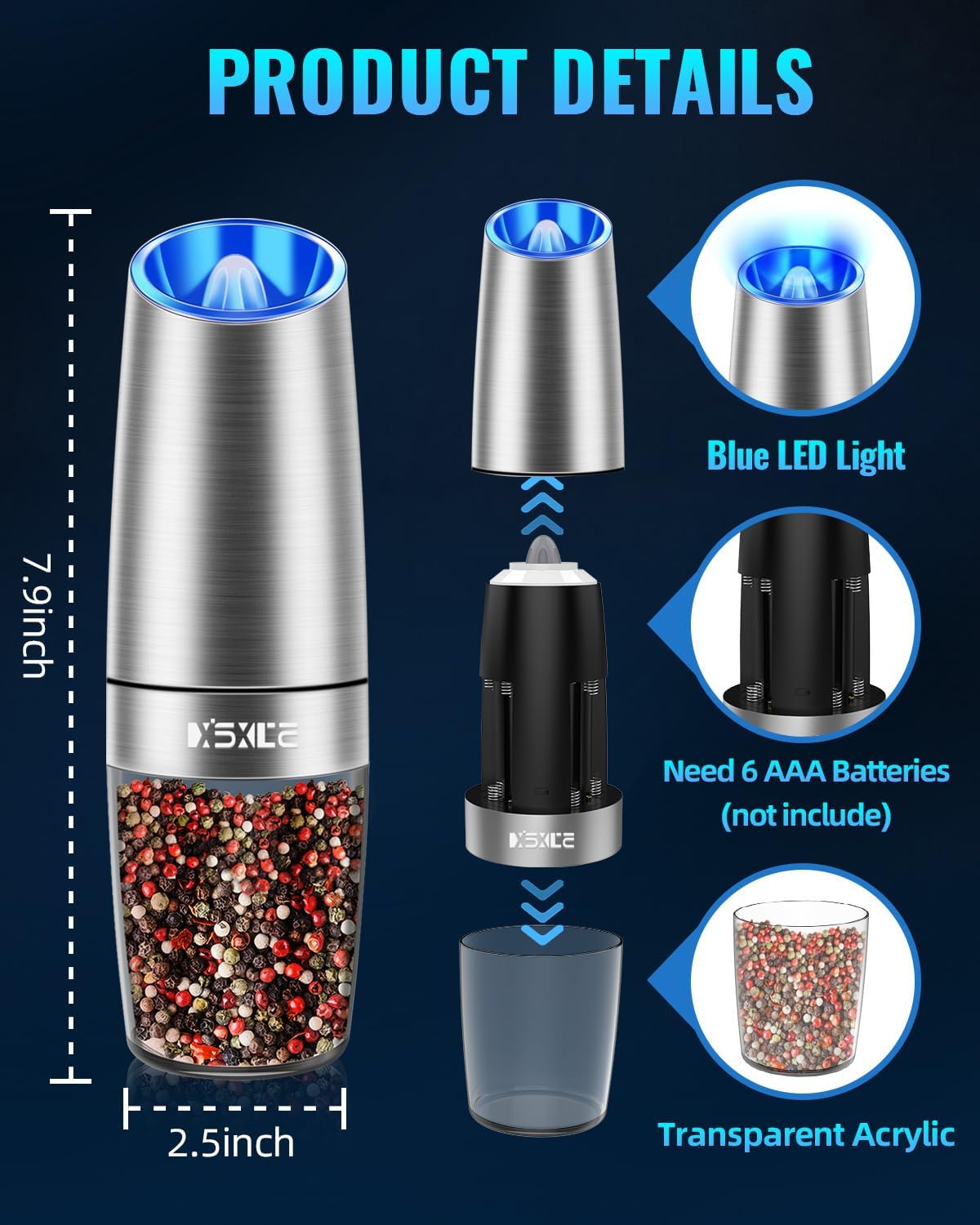 XinXu Gravity Electric Pepper and Salt Grinder Set, Salt/Pepper Mill & Adjustable Coarseness, Battery Powered with LED Light, One Hand Automatic Operation, (Set/Silver)