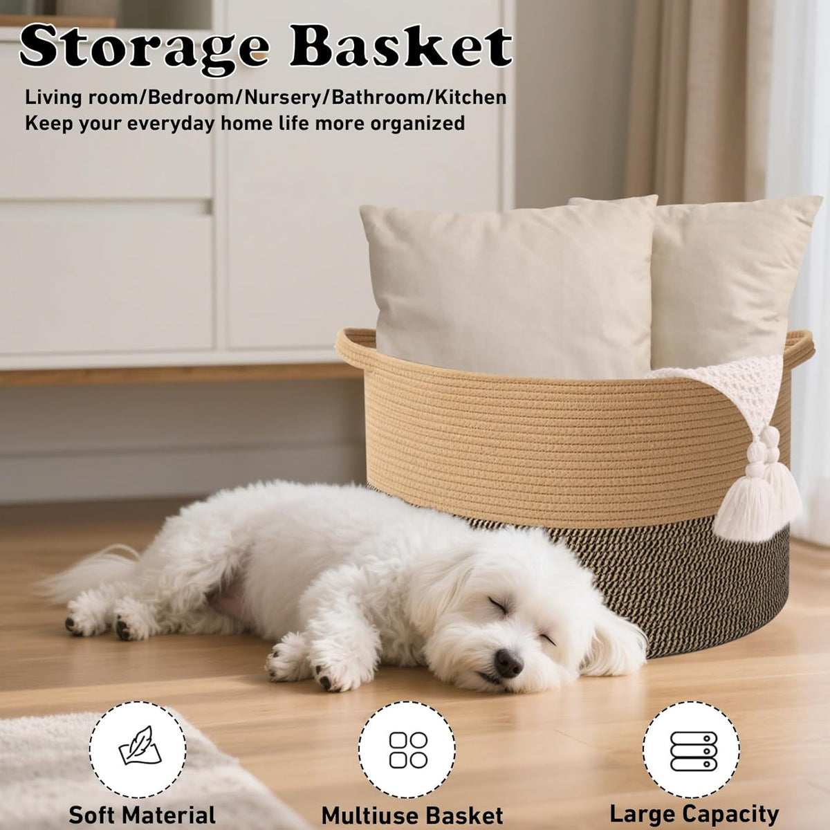 Large Blanket Basket for Organizing,65L Closet Organizers and Storage Bins Box for Shelves Woven Rope Storage Baskets,Living Room,Bedroom,Dorm,Laundry room (Jute&Black)