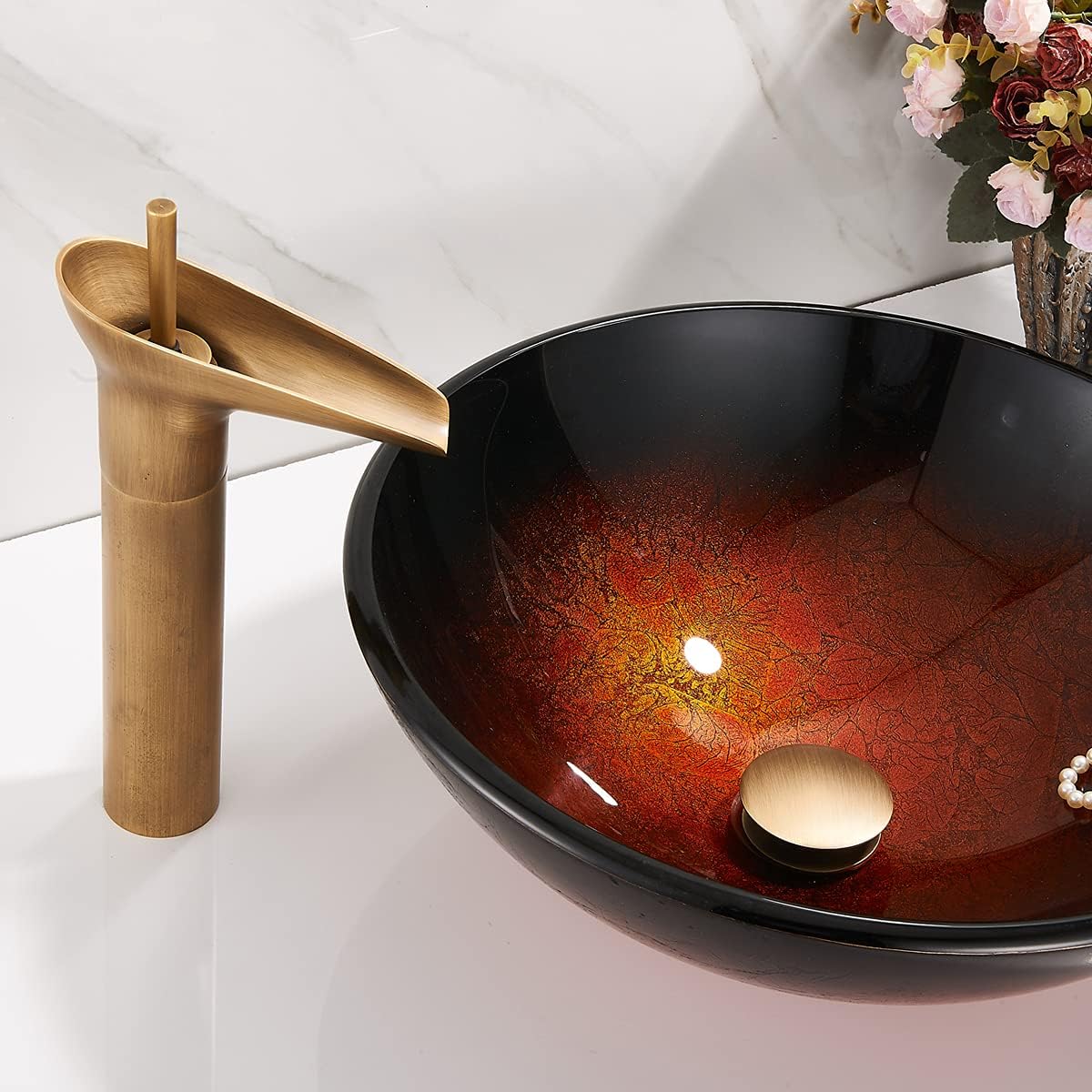Antique Brass Pop UP Drain, Bathroom Vessel Lavatory Vanity Faucet Sink Stopper, Built-in Anti-Clogging Strainer, Fits Standard American Drain Hole(1-1/2" to 1-3/4"),Without Overflow RWF082S