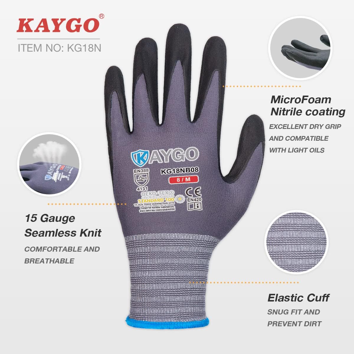 KAYGO Safety Work Gloves MicroFoam Nitrile Coated, 60 Pairs KG18NB,Seamless Knit Nylon Glove for Men and Women, Ideal for Automotive,Warehouse,Construction (Medium,Gray)