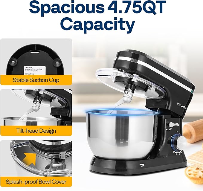 VIVOHOME 4.75 Quart Stand Mixer, 8 Speed Kitchen Electric Food Mixer, Household Stand Mixer for Baking, Cake, Bread with Beater, Dough Hook, Wire Whip and Egg Separator, Black