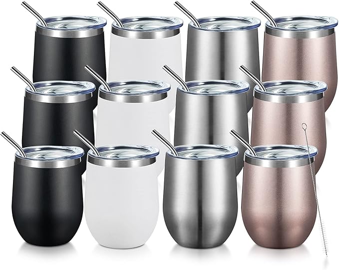 COMOOO Stainless Steel Wine Tumbler with Lid and Straw 12oz Double Wall Vacuum Insulated Wine Tumbler Cup for Coffee, Wine, Cocktails, Champagne (Black White Silver and Rose Gold,12 Pack)