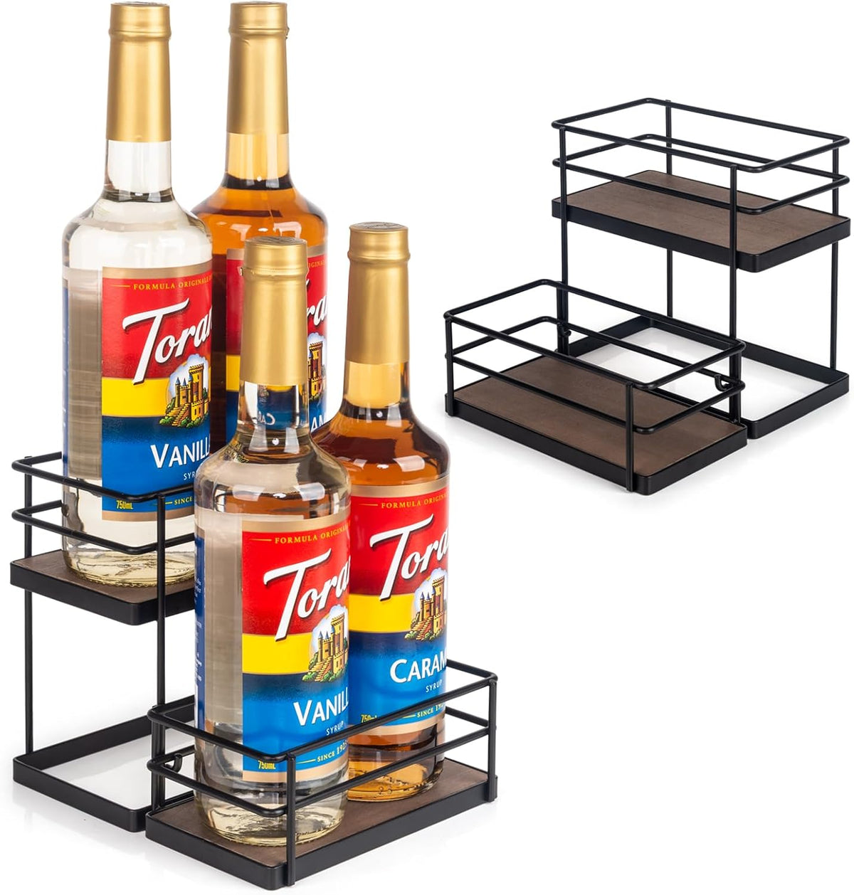 4 Bottle Capacity Coffee Syrup Organizer 2 Tier Coffee Syrup Stand Shelf for Coffee Bar Kitchen Small Wine Rack for Bar Family Storage for Syrup Wine Dressing