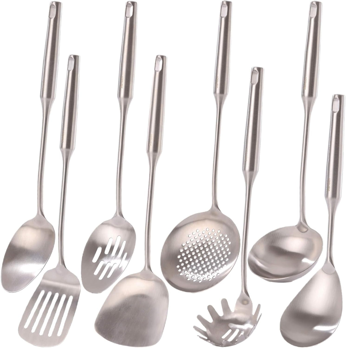 18/10 Stainless Steel Kitchen Utensils Set - 15” All Metal Cooking Tools & Serving Utensils, 8 PCS - Solid Spoon, Slotted Spoon, Spatula, Ladle, Skimmer, Tunner, Spaghetti Spoon, Large Spoon Set