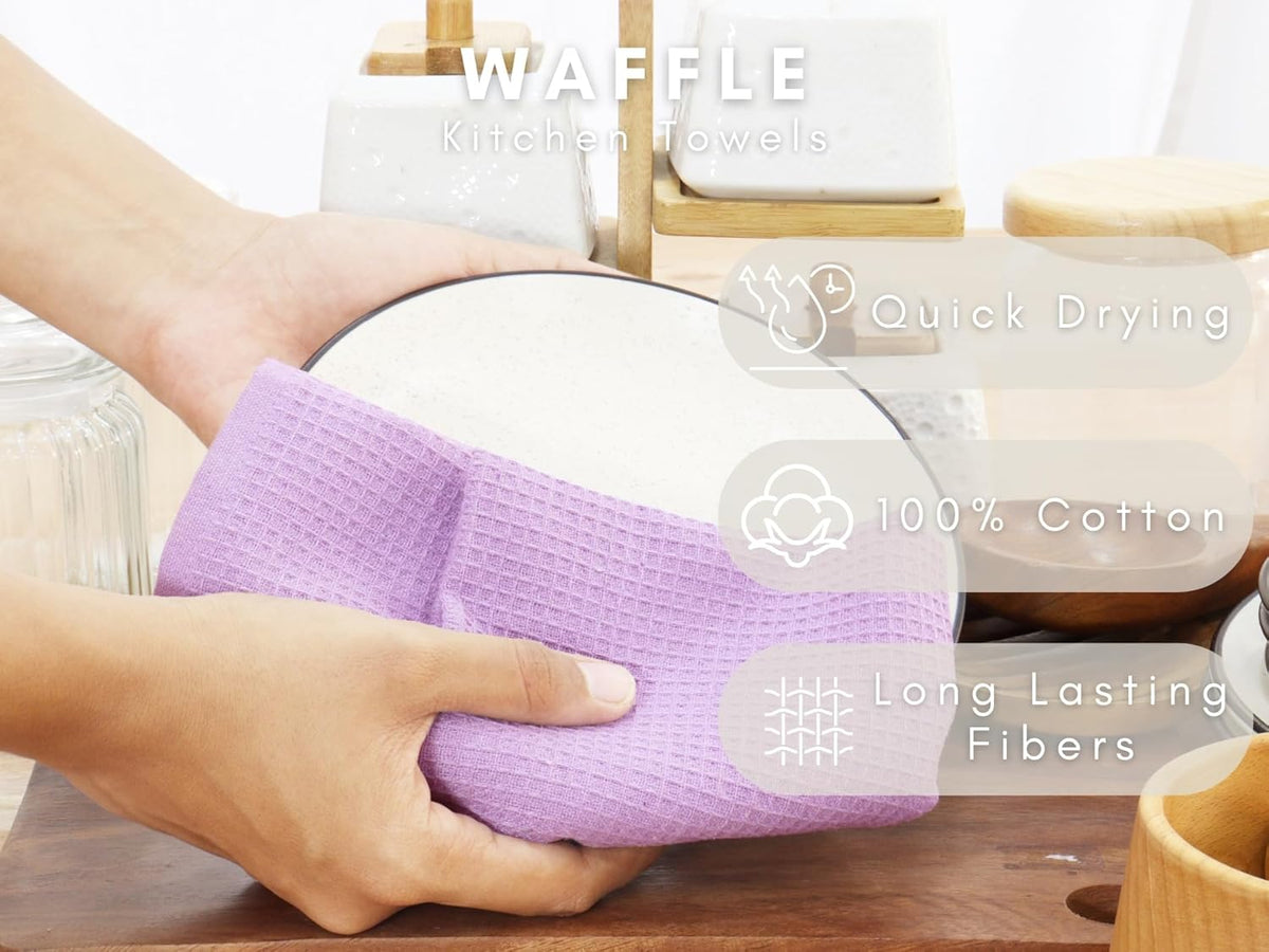 PurpleEssences Waffle Weave Kitchen Towel, 100% Cotton - 15 x 25 Inches, with Hanging Loop Ultra Soft Absorbent Quick Drying Dish Cloth, Tea and Hand Towels, 4 Pack - Spring Summer - Lavender
