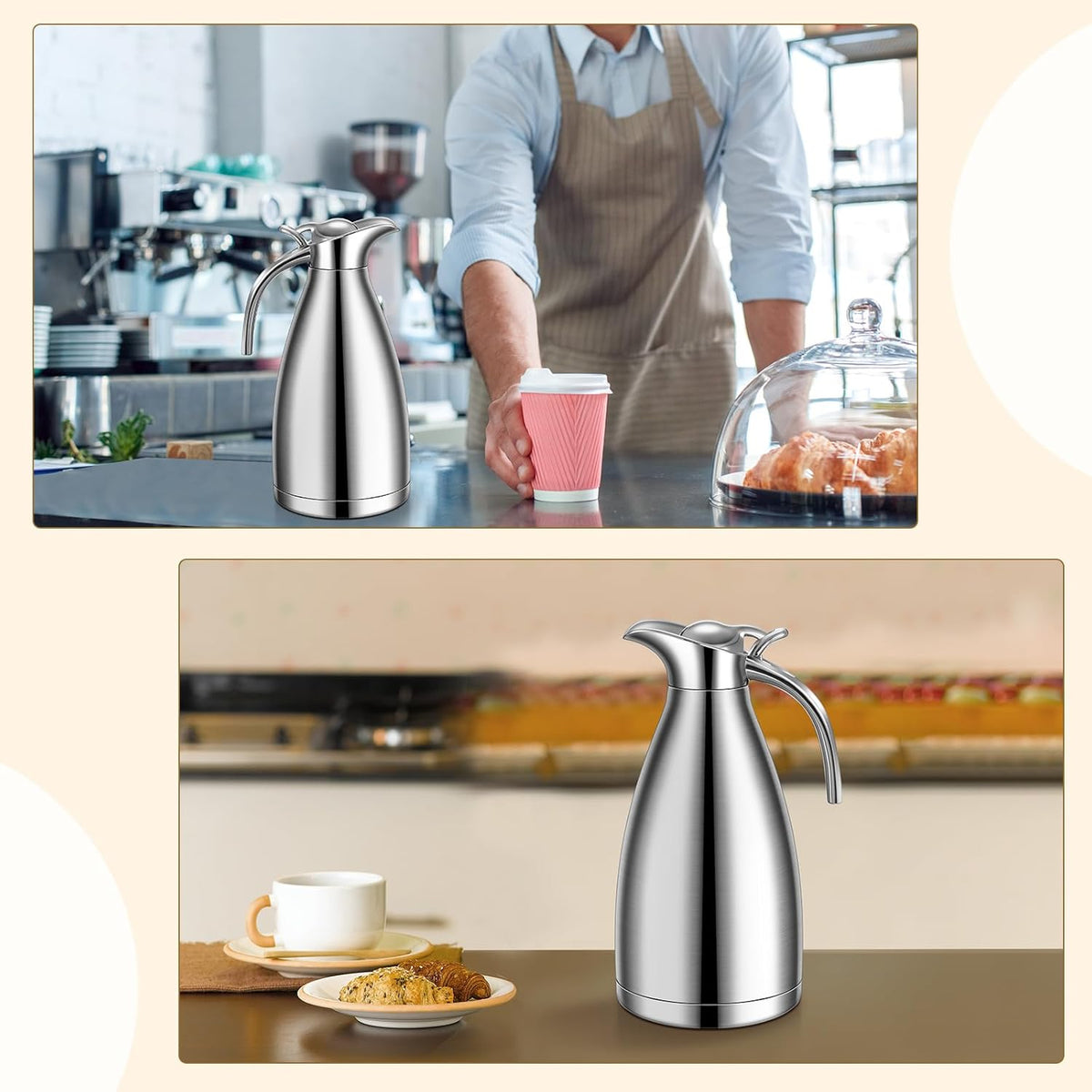 Uiifan 2 Pcs 68 oz Thermal Coffee Carafe Insulated Stainless Steel Coffee Carafe for Hot Liquids Vacuum Thermal Pot Creamer Dispenser with Brushes Keeping Hot Tea Milk Water(Silver)