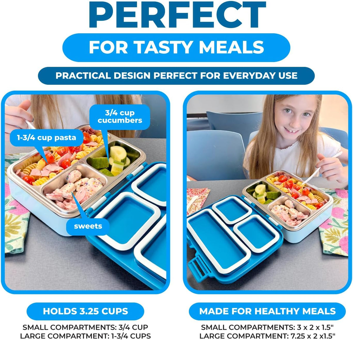 Stainless Steel Heavy Duty Bento Box Lunch Container for Older Kids, Teens, Adults with Removable Tray, Leakproof Silicone Seals, BPA Free 26 oz/790 mL (Blue)