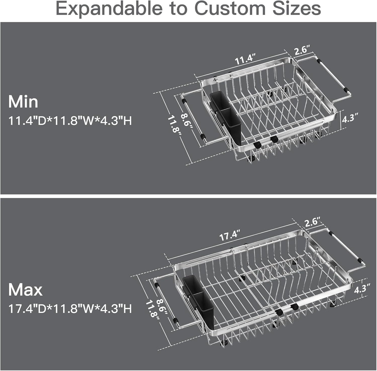 Small Expandable Over The Sink Dish Drainer Drying Rack In Stainless Steel Metal For Kitchen, Counter Space Saving Compact Above Plate Dryer Strainer, Adjustable Hanging Inside Sink Wire Drain Holder