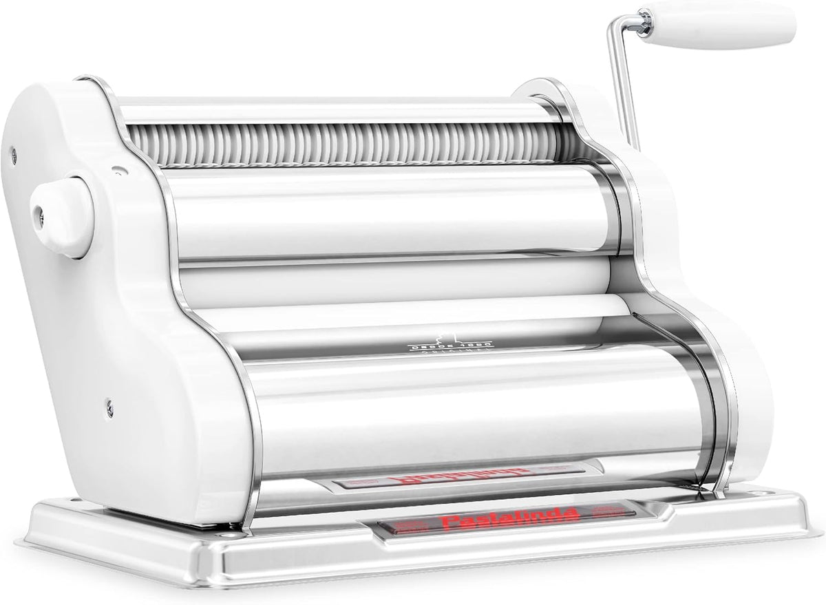 PASTALINDA Classic 260 Pasta Maker Machine, 26 cm Wide Rollers, 9 Thickness Positions, 2 Cutting Positions, Stainless Steel. Includes Reinforced Hand Crank And Two Clamps (White)