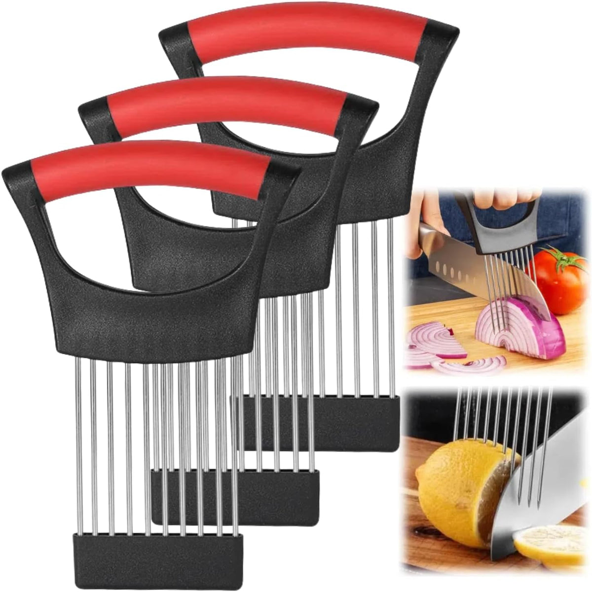 Onion Slice Holder, 2024 New Stainless Steel Holder for Slicing, Chopper Assistant Tool, Cutter for Meat, Onion, Potato, Tomato Kitchen Gadgets (Red, 3 Pack)