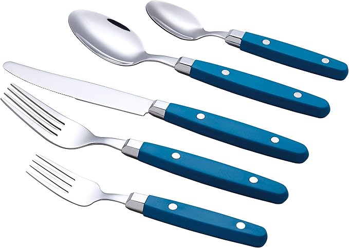ANNOVA Silverware Set, Retro/Rivet Colorful Stainless Steel Tableware Kitchen Flatware Set Utensils, Includes Dinner Knives, Forks, Spoons, Salad Forks & Dessert Spoons (Blue, 20 Pieces)