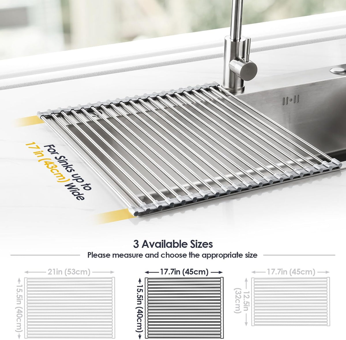 Tomorotec Stainless Steel Roll-Up Dish Drying Rack Marble Color Silicone Edges, Foldable Kitchen Rack Heat Resistant Trivet Supports up to 70 lbs, Food Safe for Dishes, Cookware & More