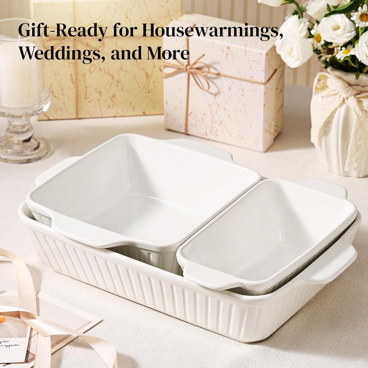 DOWAN Casserole Dishes for Oven, Baking Dishes Set, Ceramic Bakeware Sets of 3, Lasagna Pan Deep, Rectangular Baking Pan Set with Handles for Baking, Casserole, Kitchen, Wedding Gift, White (13''/8''/4'')