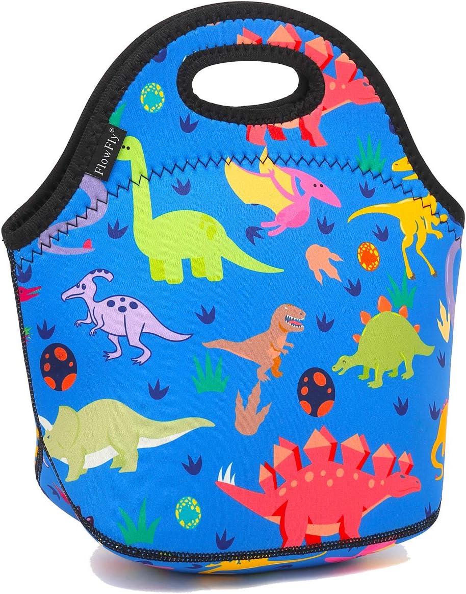 FlowFly Neoprene Kids Lunch box Insulated Soft Bag Mini Cooler Thermal Meal Tote Kit for Boys, Girls,Men,Women,School,Work, Office, Dinosaur