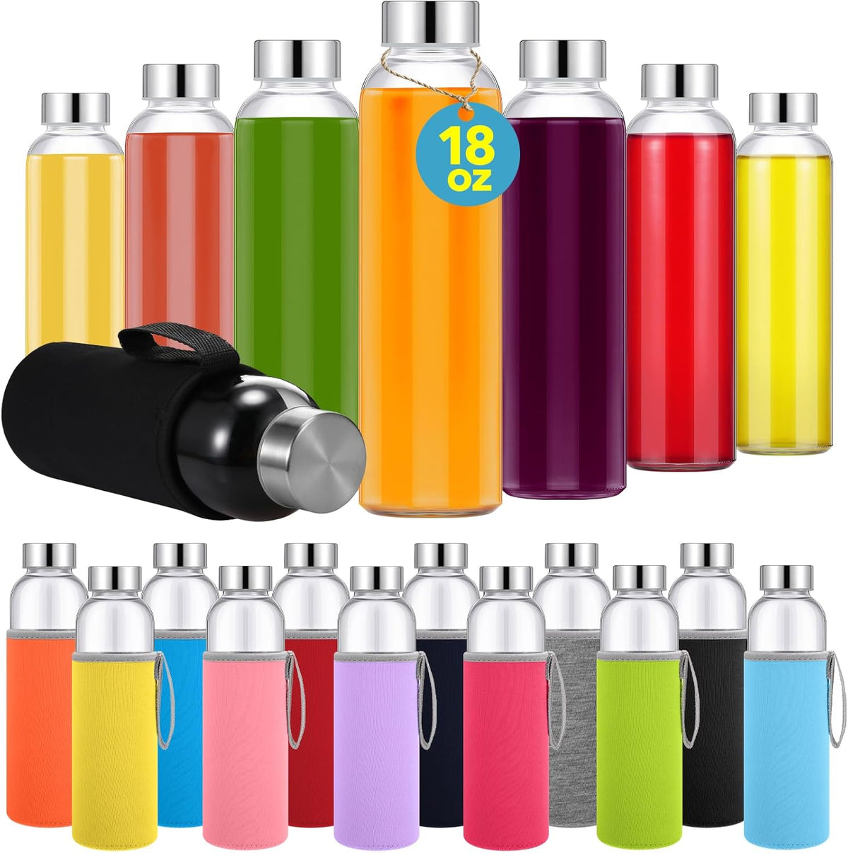 Vesici 12 Set 18 oz Clear Glass Water Bottles, Reusable Glass Juicing Bottles with Protection Sleeve and Stainless Steel Leak Proof Lids for Milk Smoothie Juice Beverage Tea (Colorful,Classic)