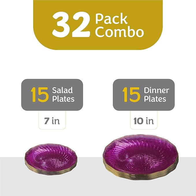 PLASTICPRO 30 Pack Plastic Set of 15-10 inch Plates and 15-7 inch Dishes Elegant Clear Purple Spiral and Gold Rim Disposable Fancy Plates Premium Heavyweight