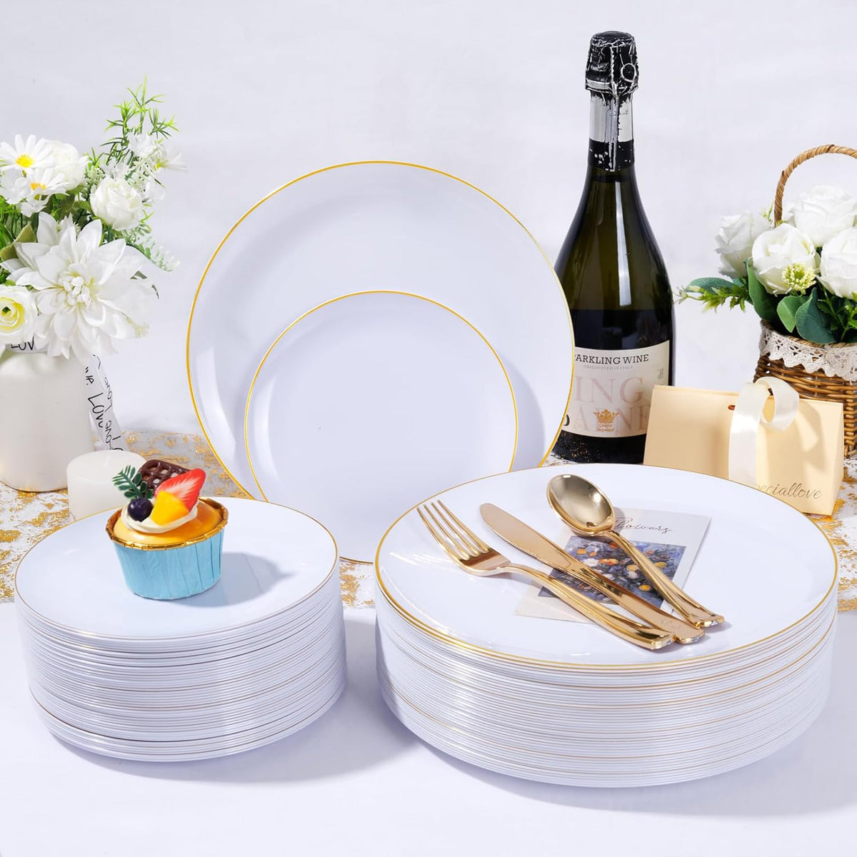 KIRE 200PCS Gold Plastic Plates - Disposable Plates for Party - White Plastic Plates with Gold Rim Include 100 for Dinner and 100 for Dessert/Salad in Wedding