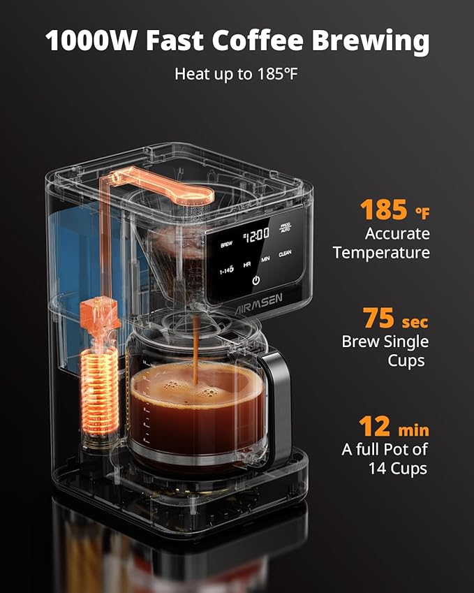 AIRMSEN 14-Cup Programmable Drip Coffee Maker – 1000W Fast Brewing Coffee Machine with Timer, Delay Start & 2H Keep-Warm, 73oz Tank, Touchscreen & Glass Carafe – Perfect for Home & Office Use