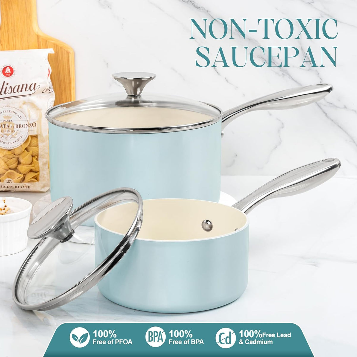 MICHELANGELO Sauce Pan with Lid, Non Stick Saucepan Set of 3-1Qt & 2Qt & 3Qt Small Pots for Cooking, Ceramic Saucepan - Non-Toxic, Scratch-Resistant, Oven Safe, Light Blue