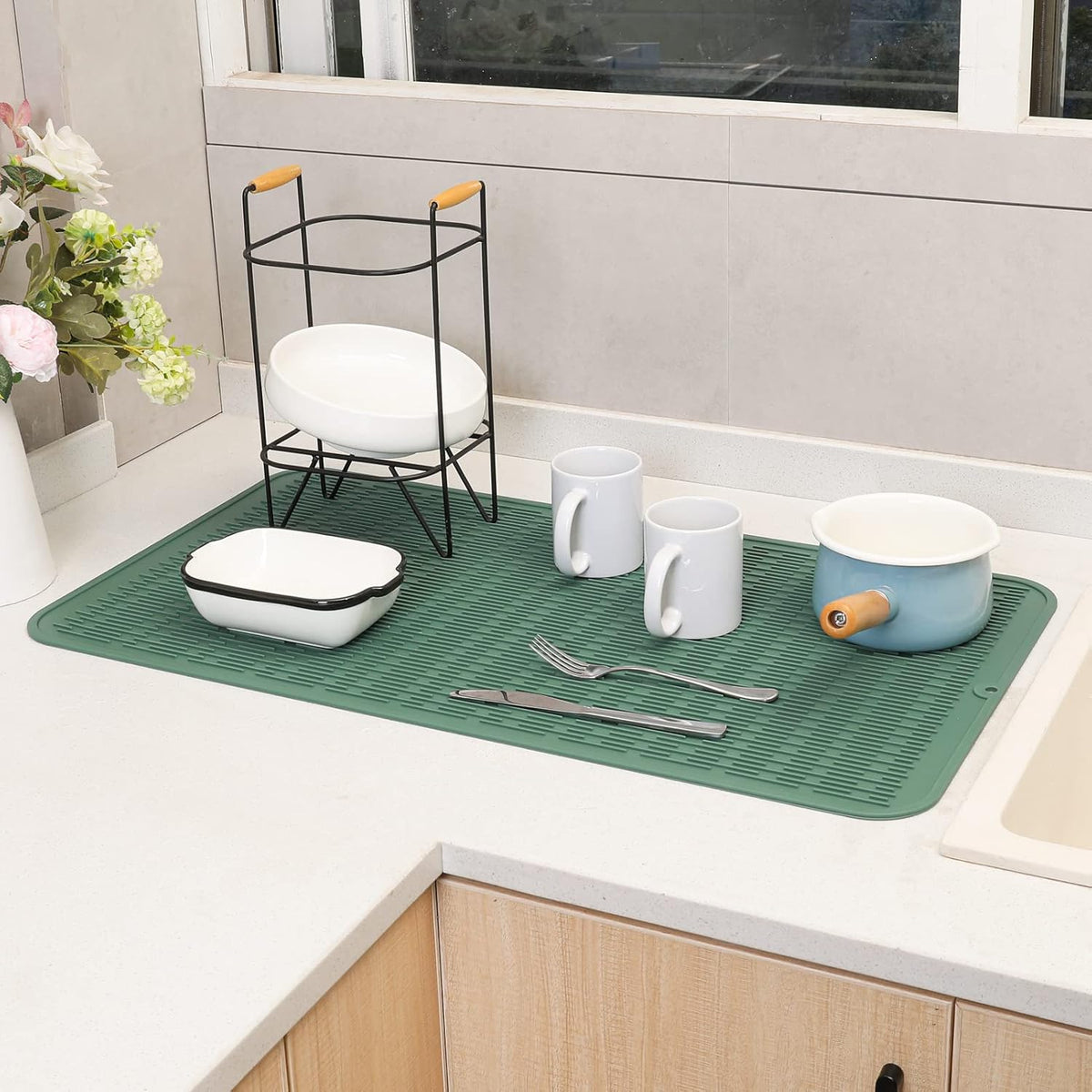 Silicone Dish Drying Mat for Multiple Usage,Easy clean,Eco-friendly,Heat-resistant Silicone Mat for Kitchen Counter or Sink,Refrigerator or Drawer Liner Green 4XL 32 inches x 18 inches