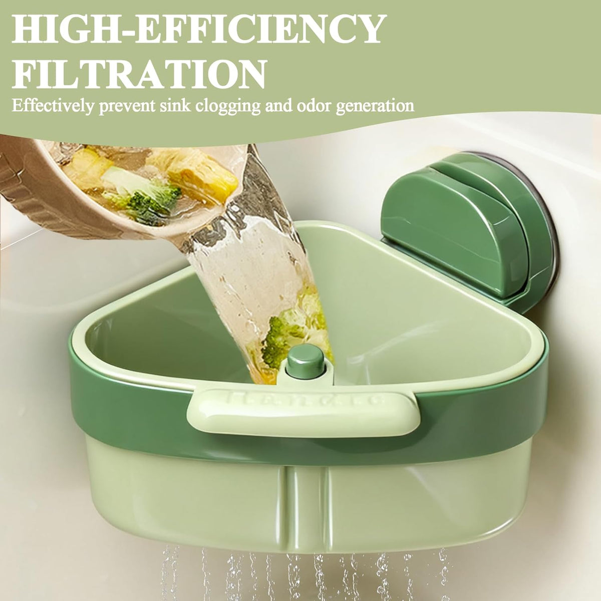 Sink Strainer Basket, 2025 New Upgraded Suction Cup Sink Corner Rack, Triangle Suction Cup Press Sink Drainer Basket, Automatic Dumping Corner Sink Trash Catcher for Kitchen Bathroom (Green)