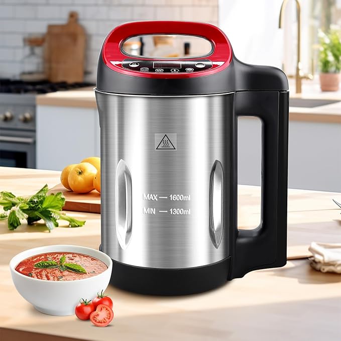 Homtone 1.6L Soup Maker Machine, Stainless Steel Soup Maker Blender with Smooth & Chunky Settings, Anti-Dry Burn, Overfill Sensors, Ideal for Quick Soups, Baby Food