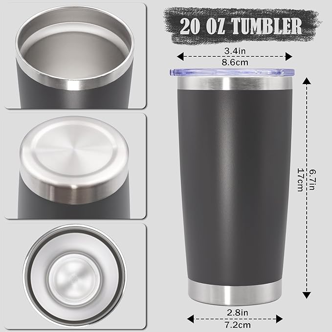 20 oz Tumbler Coffee Travel Tumblers Bulk with Lid Stainless Steel Double Wall Vacuum Insulated Mug Powder Coated Cups fit Car Cupholder for Hot and Cold - Grey, 1Pack