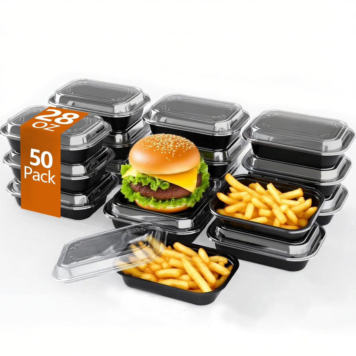 50 Pack (100-Piece) - 28oz Meal Prep Containers Salad & Snack Storage for Lunch | BPA Free & Leakproof Food Containers | To Go Take Out Plastic Bento Box | Microwave, Freezer, Dishwasher Safe