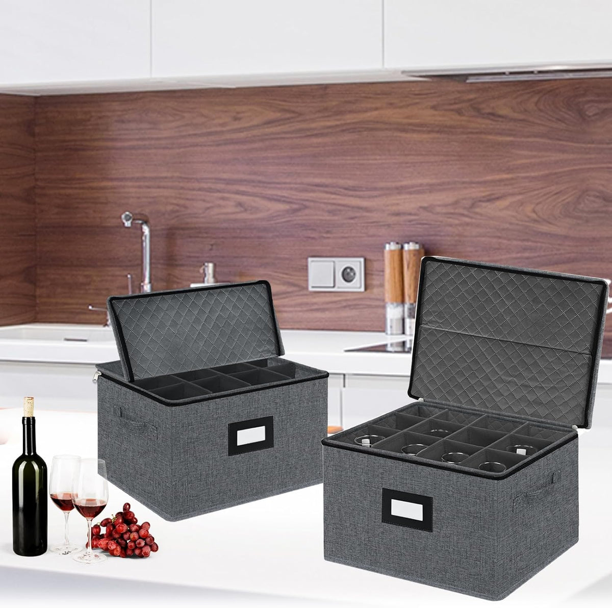 VERONLY 2 Pack Stemware and Glassware Storage Cases - Hard Shell Protection with Dividers for 24 Glasses, Stackable Moving Storage Container with Label & Handles - Crystal Glass - Dark Gray