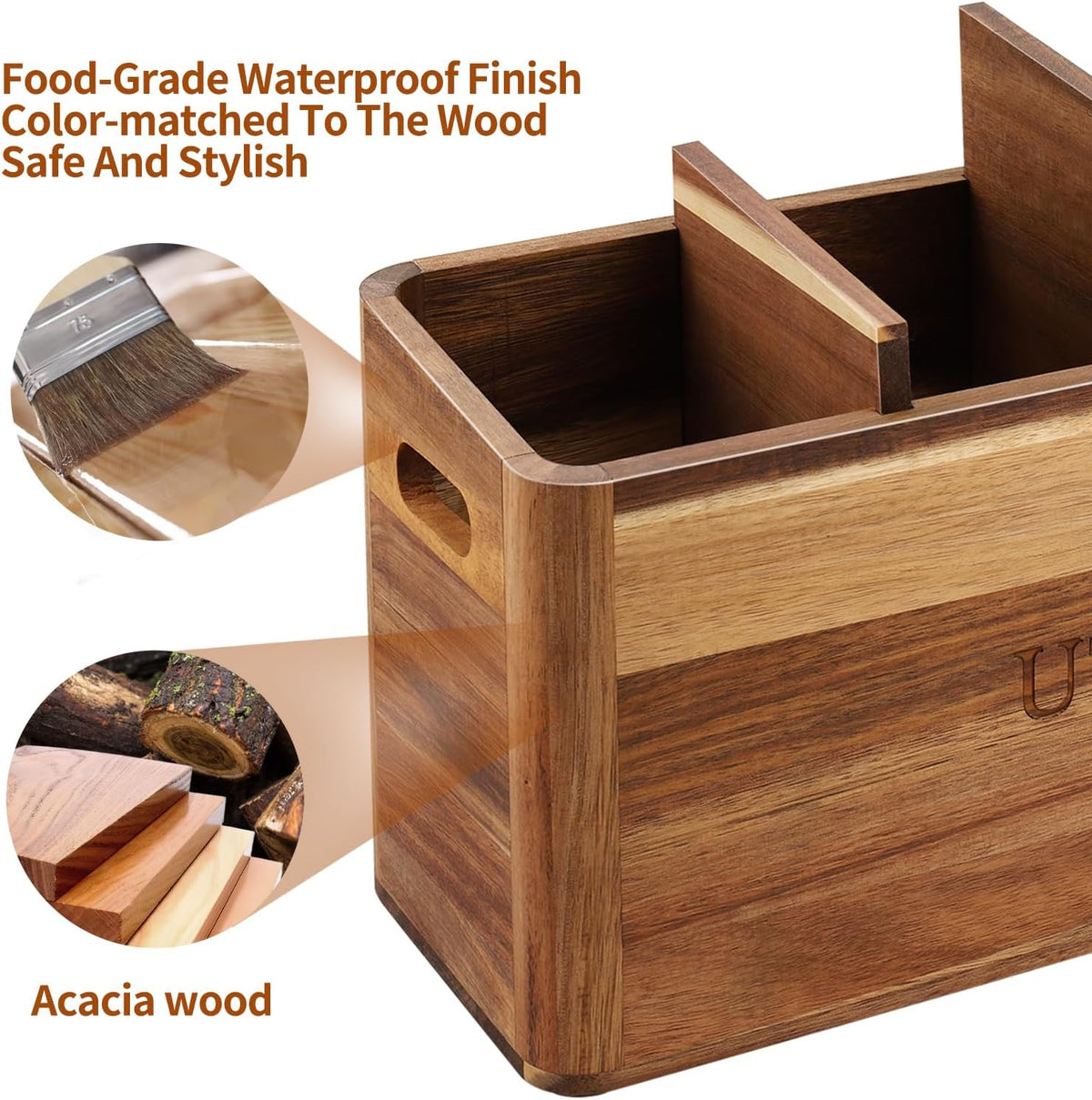 Kitchen Utensil Holder with 4 Compartments, Large Acacia Wood Utensil Caddy Storage Caddy Organizer Countertop for Flatware Silverware Fork Spoon Spatula