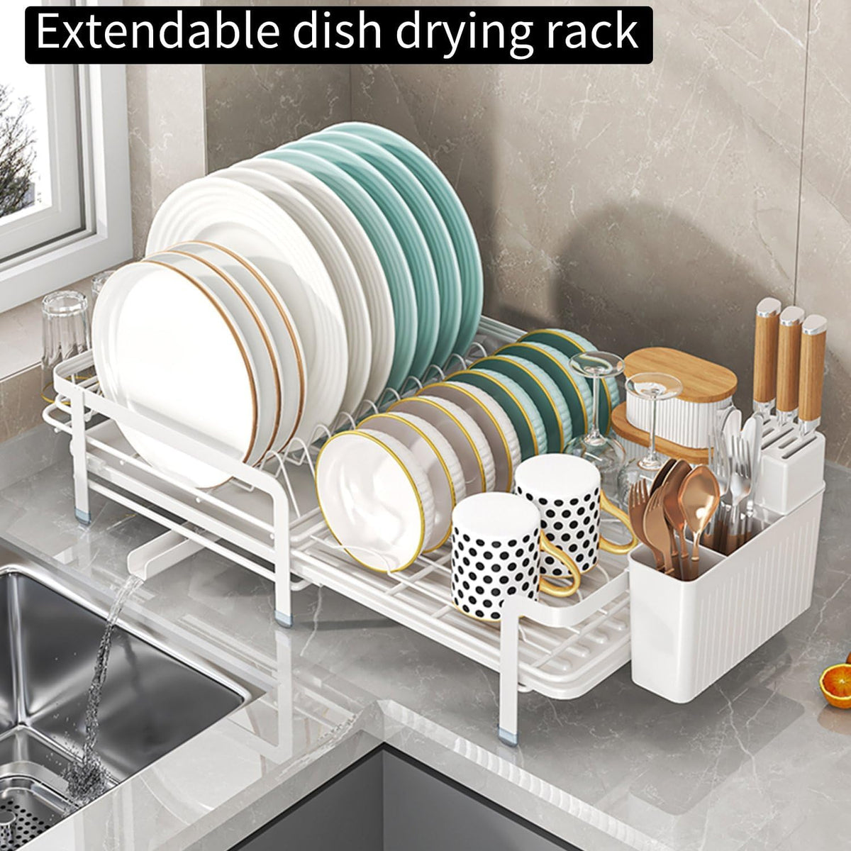 Dish Drying Rack, Dish Racks for Kitchen Counter, Over The Sink Dish Drying Rack, Expandable Dish Drainers with Drain Board Cup Holder and Utensil Holder, Kitchen Organizers and Storage