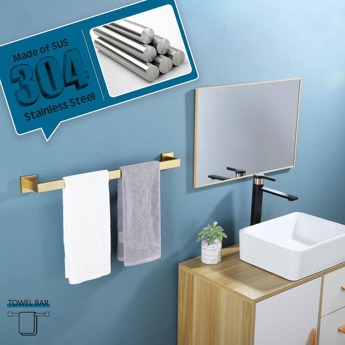 KOKOSIRI 24-Inch Single Towel Bar, Bathroom Kitchen Towel Holder, Wall Mounted SUS304 Stainless Steel Towel Rack 2 Pack, Brushed Gold, B4003BG-L24-P2
