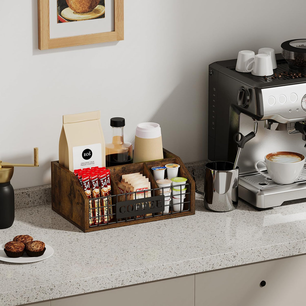 YINMIT Coffee Station Organizer for Countertop, Wood Coffee Bar Organizer with Removable Dividers for Pods, Syrup, Cups, Stirrer, Tea - Office Bar Accessories, Iron Wire-Vintage Brown