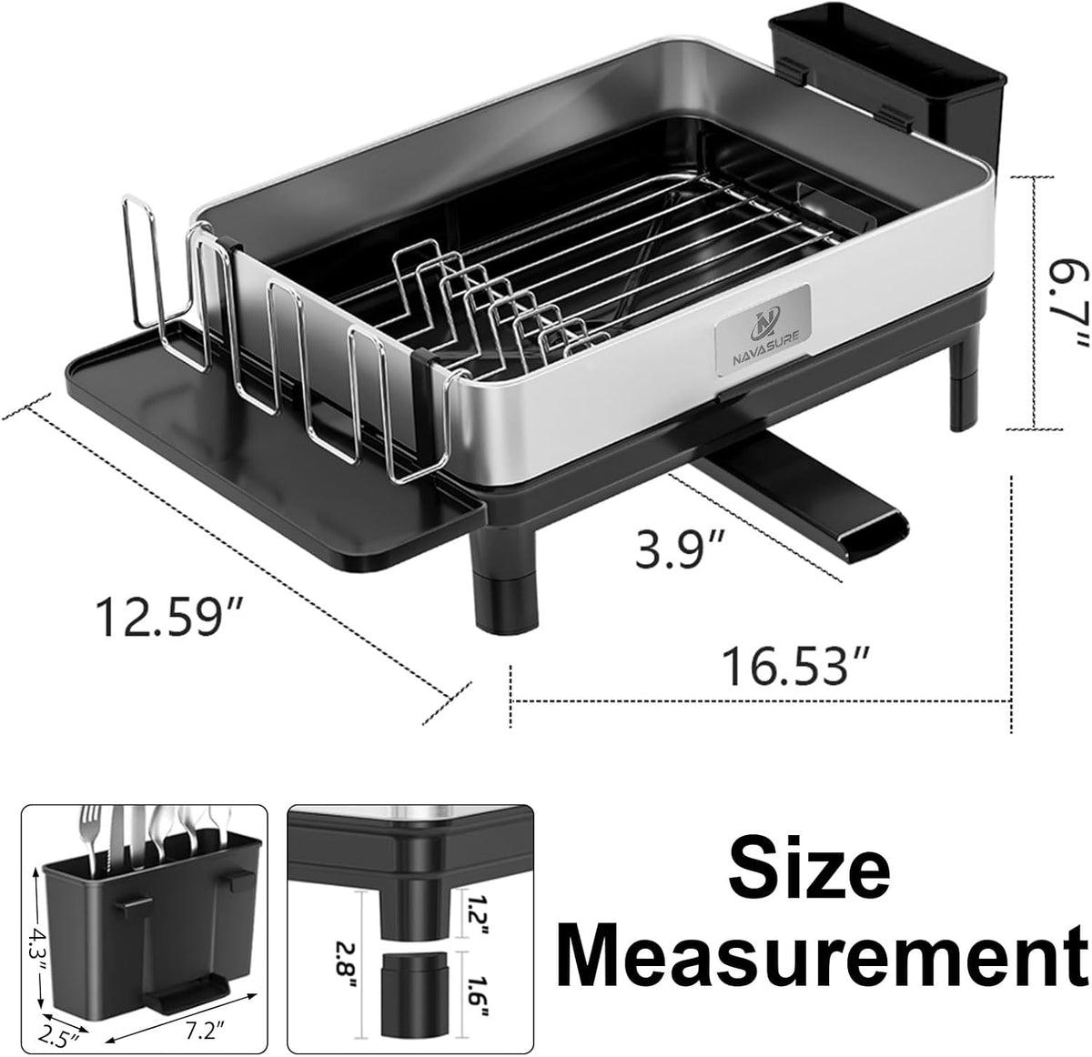 Dish Drying Rack | Stainless Steel Dish Rack for Kitchen Counter, Space Saving | Dish Drainer with Drainage & Utensil Holder | Escurridor de Platos para Fregadero (Black)