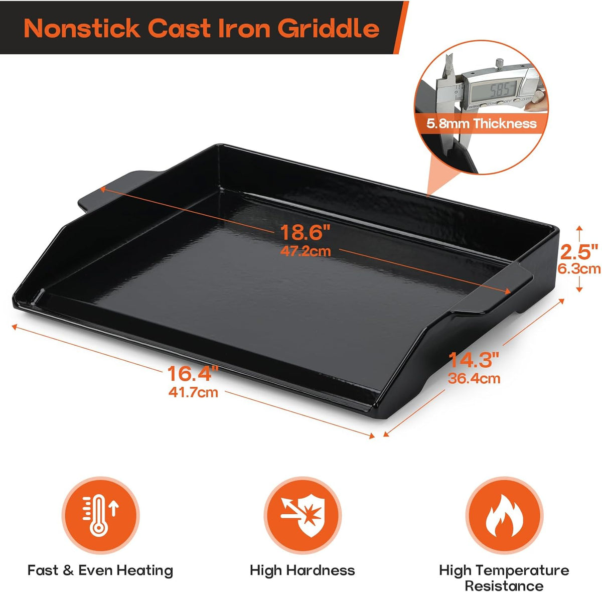 Onlyfire Universal Enamelled Cast Iron Cooking Griddle, Nonstick Coating Griddle Flat Top Grill Plate with Extra High Sidewalls for All Gas Grills and Range Oven, 18.5" x 14"
