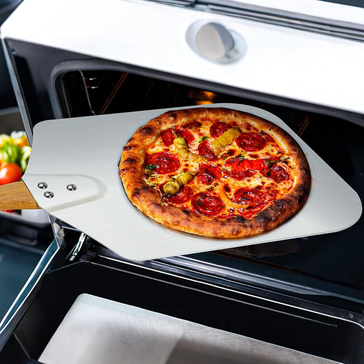 Skyflame Kitchen Supply Aluminum Pizza Peel with Wooden Handle 14-Inch x 16-Inch, Large Pizza Paddle for Baking Homemade Pizza Bread