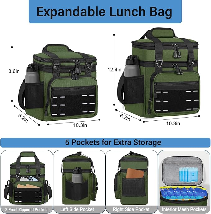 Lunch Box Cooler Bag - Insulated Tactical Lunchbox for Men - Large Lunch Pail for Adults Work Outdoor Shifts Trips Army Green 16L
