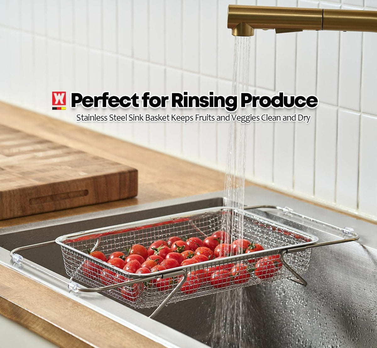 Extendable Dish Rack with Feet, Vegetable Colander Basket, Stainless Steel Dish or Silverware Drying Rack, Ultimate Kitchen Organizer Over The Sink (11.81 x 8.27 x 2.76 Inches)